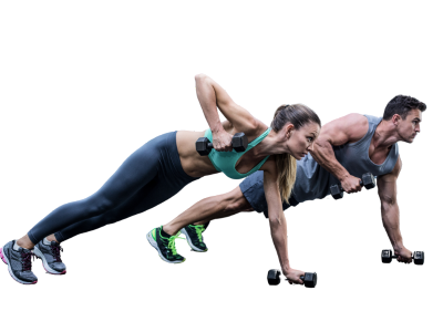 Roanoke man and woman getting fit doing high plank dumbbell rows